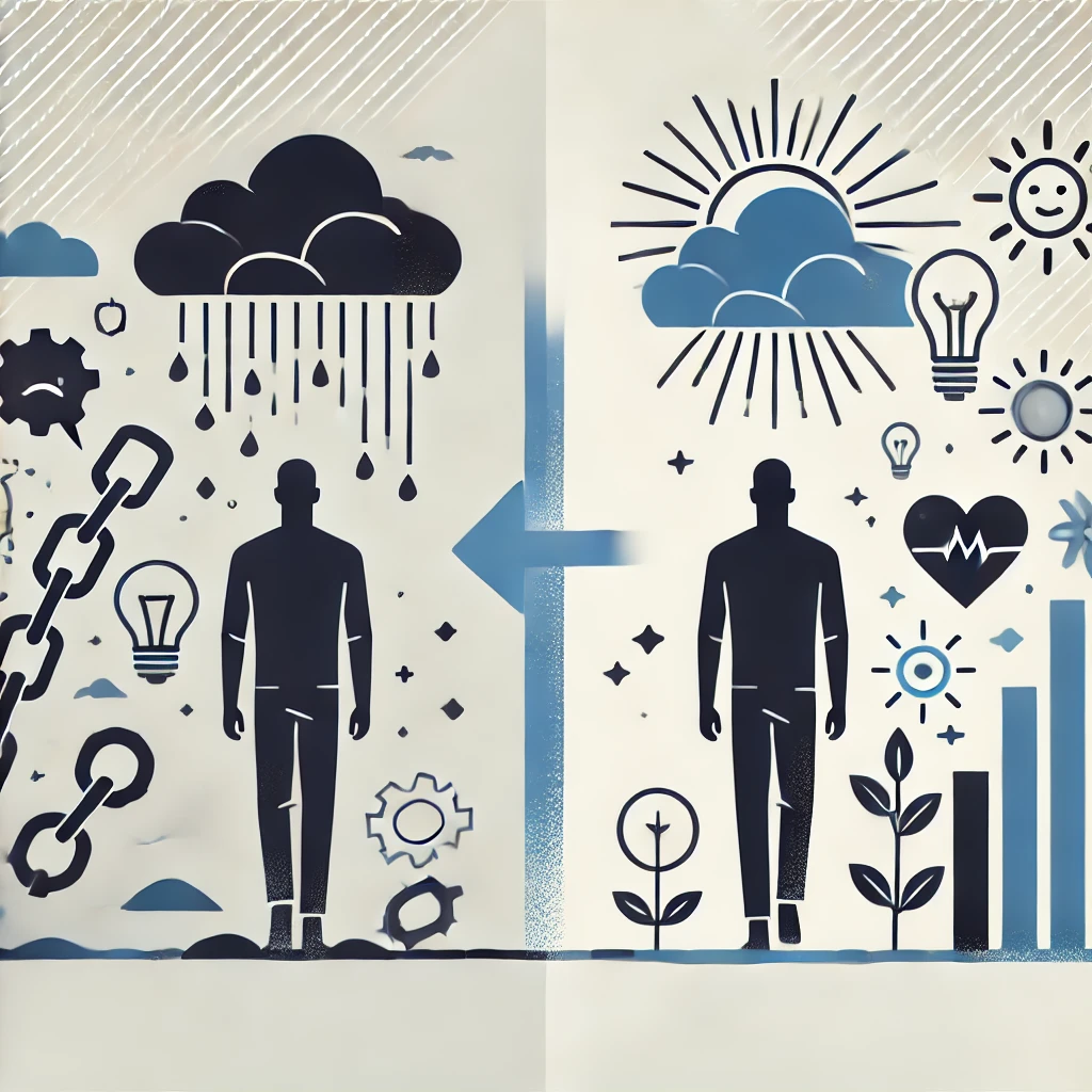 Illustration symbolique représentant la transformation de croyances limitantes en croyances aidantes.