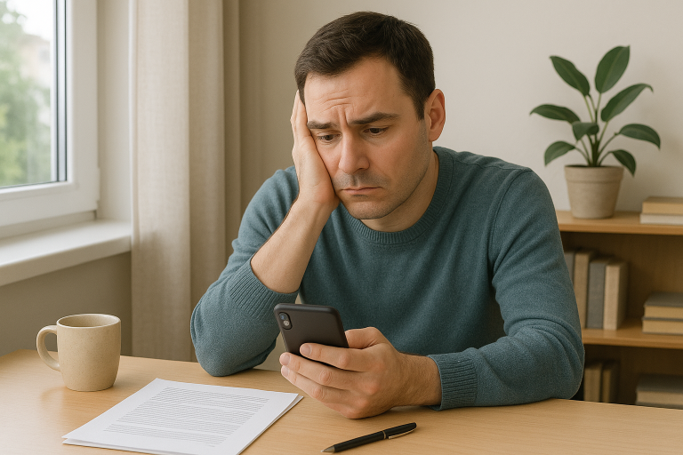 Personne distraite assise à un bureau, repoussant une tâche importante en consultant son téléphone, illustrant le phénomène de procrastination.