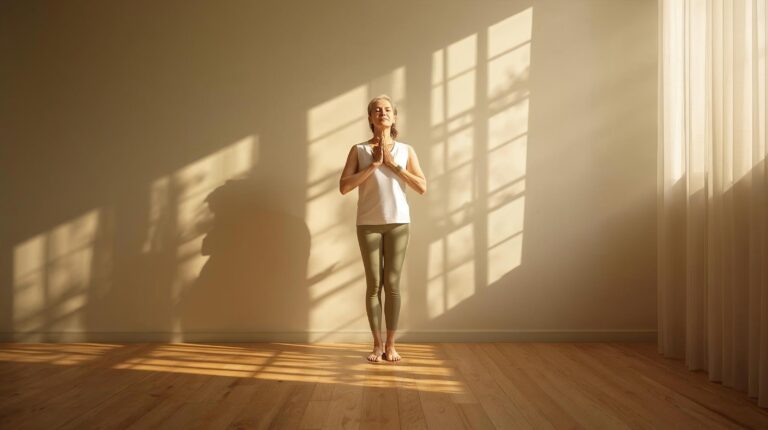 Personne debout, les mains sur le cœur, baignée de lumière naturelle du matin, symbolisant l’énergie durable et l’alignement intérieur.