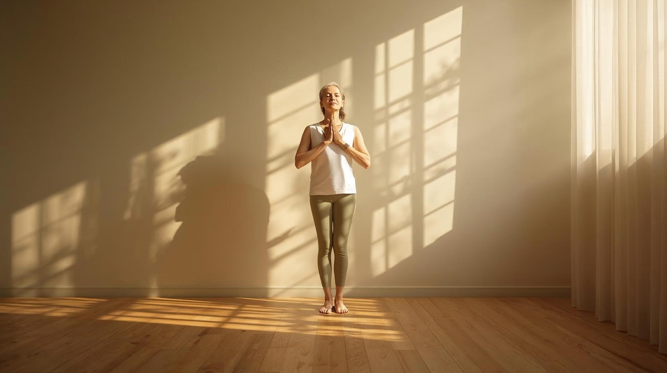 Personne debout, les mains sur le cœur, baignée de lumière naturelle du matin, symbolisant l’énergie durable et l’alignement intérieur.