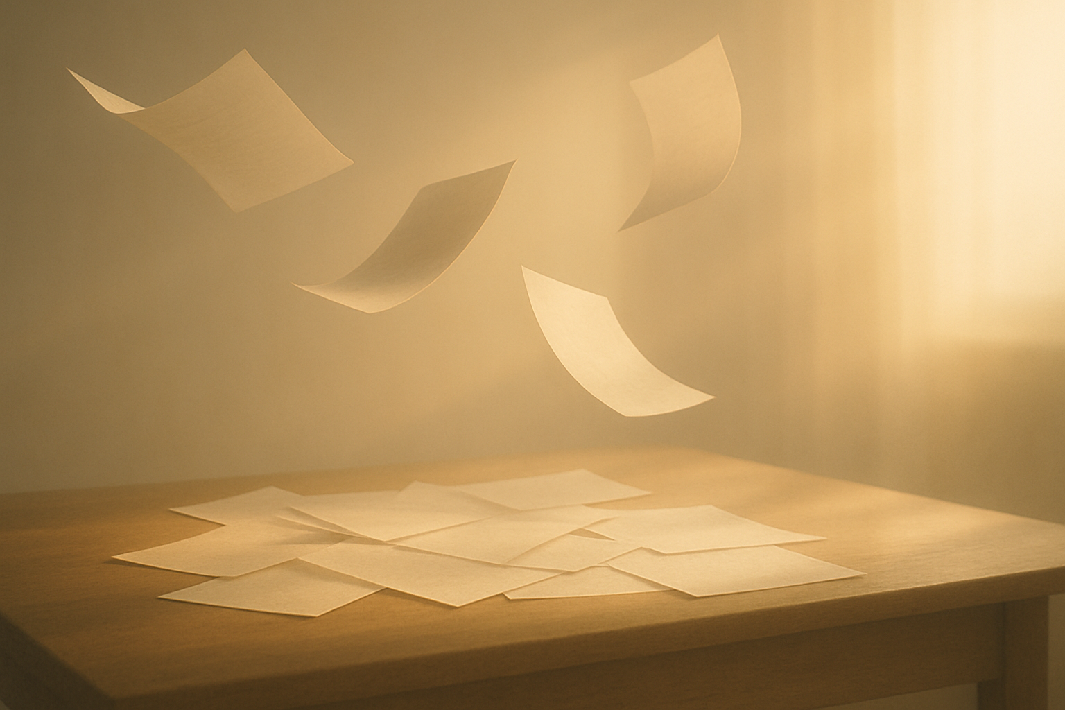 Feuilles de papier s’envolant dans une lumière dorée du matin, symbolisant la libération du mental et le retour à la clarté d’esprit.