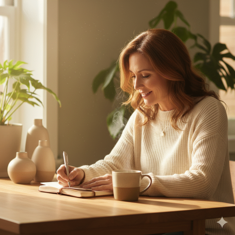 Composition à plat vue du dessus d'un journal de gratitude ou de victoires ouvert sur une table en bois, avec des notes manuscrites visibles, un stylo-plume, une tasse de thé, une petite plante succulente, et une douce lumière matinale créant des ombres délicates. Esthétique minimaliste, organisée et paisible. Palette de couleurs neutres et chaudes. La scène évoque un rituel quotidien et une pratique d'autosoins. Style photographie lifestyle épurée et inspirante, haute qualité, éclairage naturel doux.