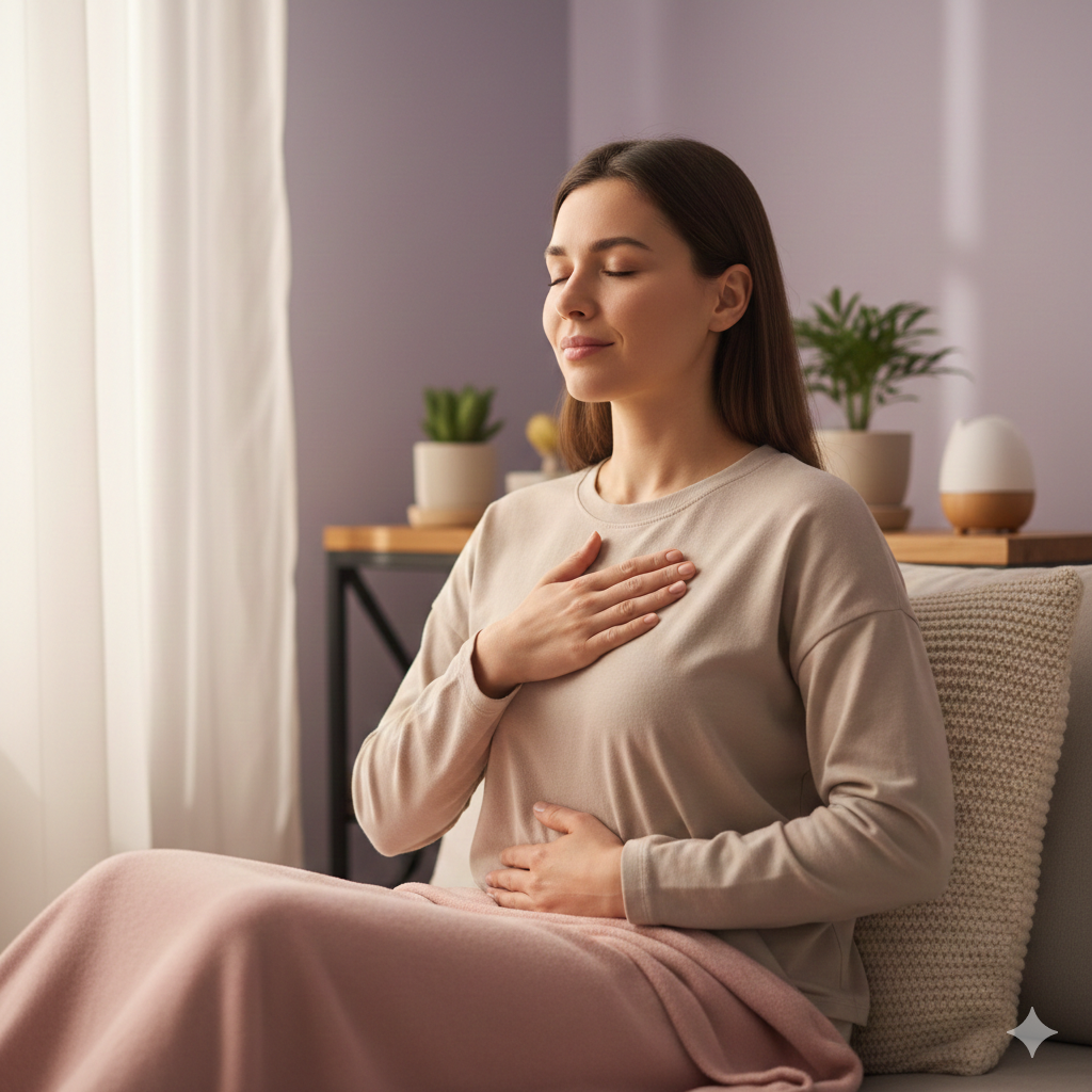 Comment retrouver de la clarté mentale en 10 minutes Femme pratiquant une technique de respiration pour retrouver de la clarté mentale et apaiser la surcharge mentale