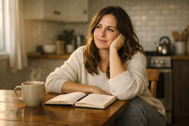 Femme réfléchissant pourquoi mes objectifs échouent en écrivant son système d'énergie dans un carnet